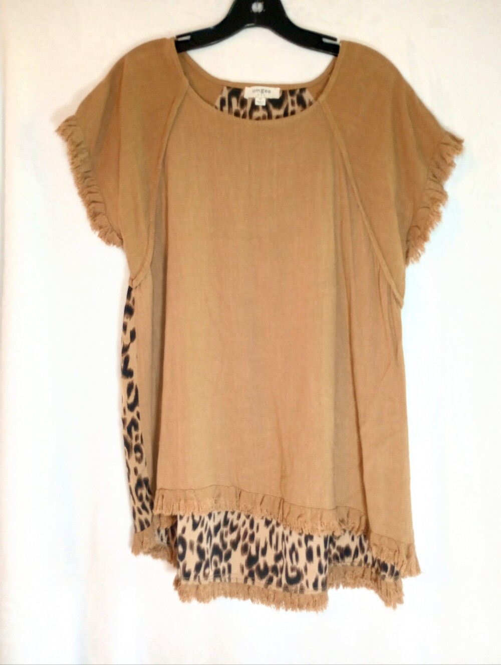 Umgee Fringe Frayed Hem Rust Cheetah Print Linen Blouse Western Cowgirl Blouse M